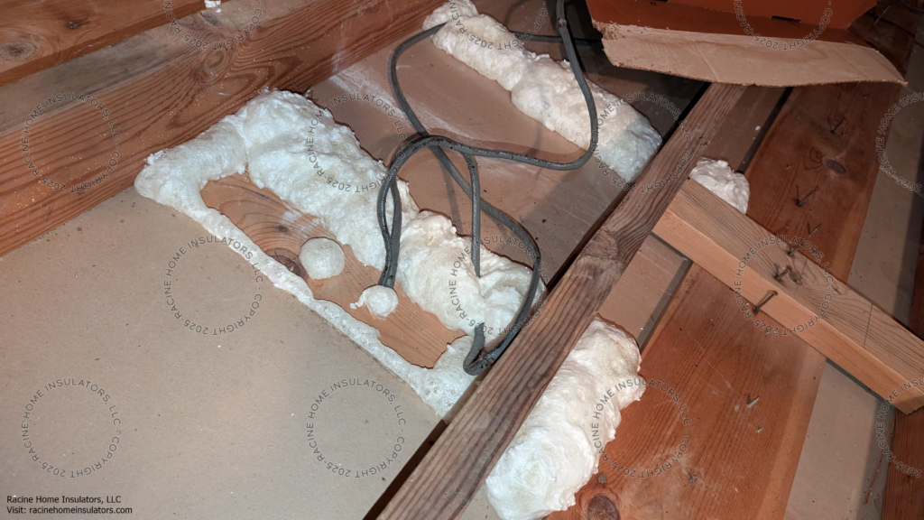 Attic air sealing around wire holes and the top plate seams