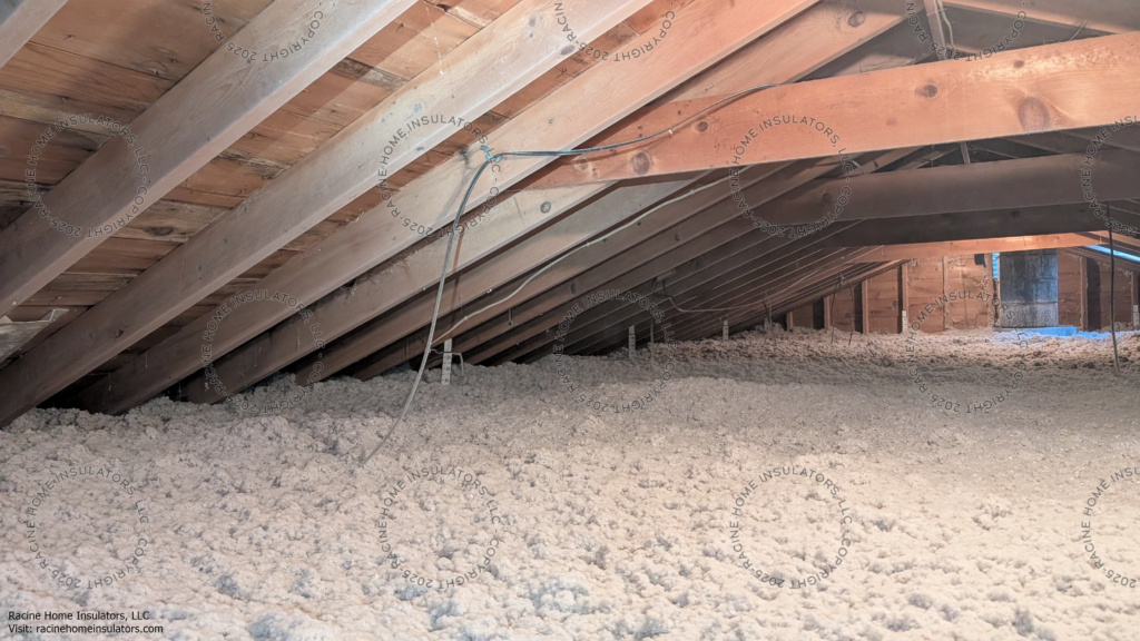 An attic with 15" of cellulose insulation for an R50 thermal barrier.